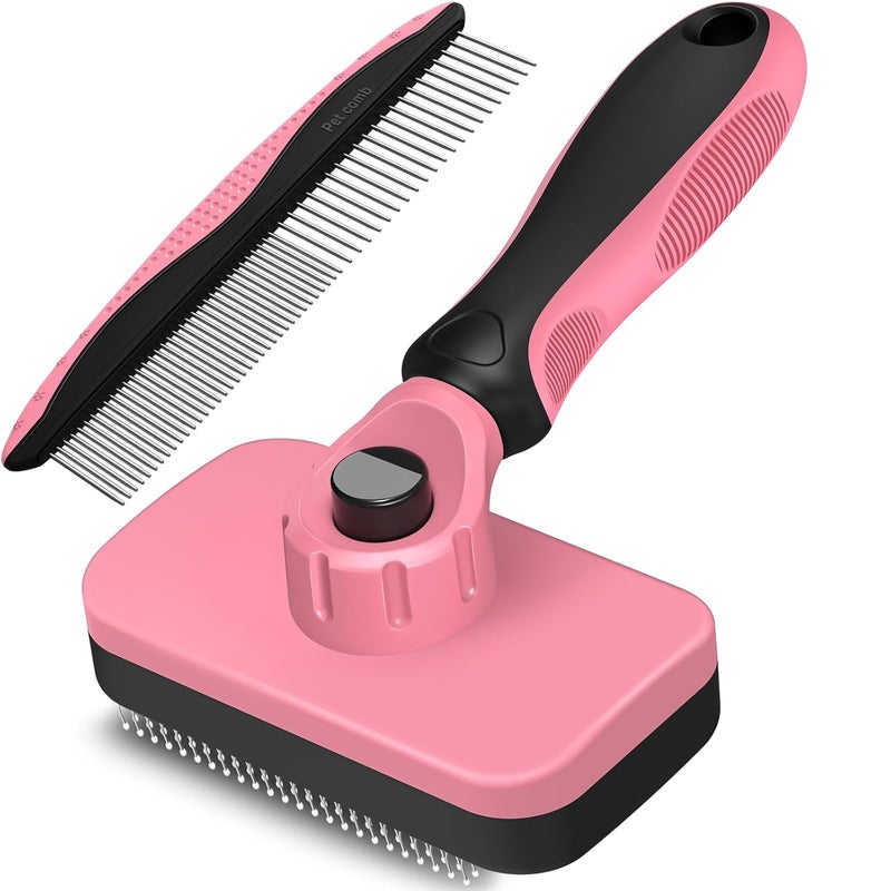 HSC 2PCS Self Cleaning Slicker Brush & Dog Comb - Skin Friendly Deshedding Grooming Tool for Dogs, Cats and Small Animals, Professional Deshedding Dematting Tool for Long and Short Haired Pets (Pink) - Image 1